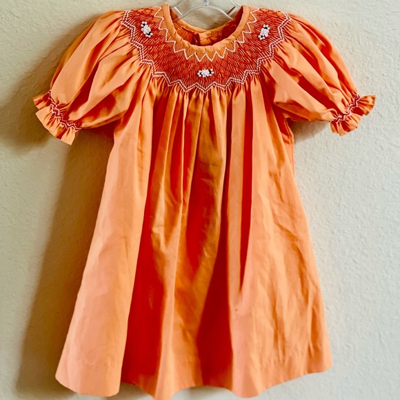 Tangerine Bishop Dress:Smocked Flowers & Pearls 6M - Picture 4 of 8